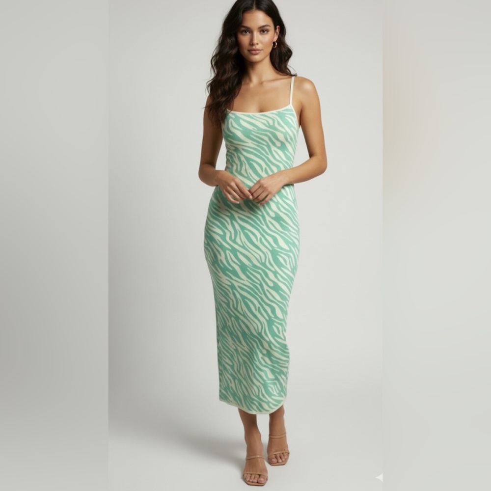 Zara Mint Green and White Zebra-Print Midi Slip Dress